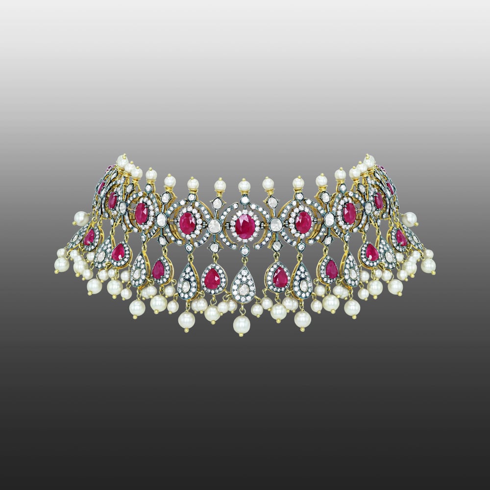 Antique-Finish Choker with Ruby, Diamonds, Polki Clusters, and Pearl Drops